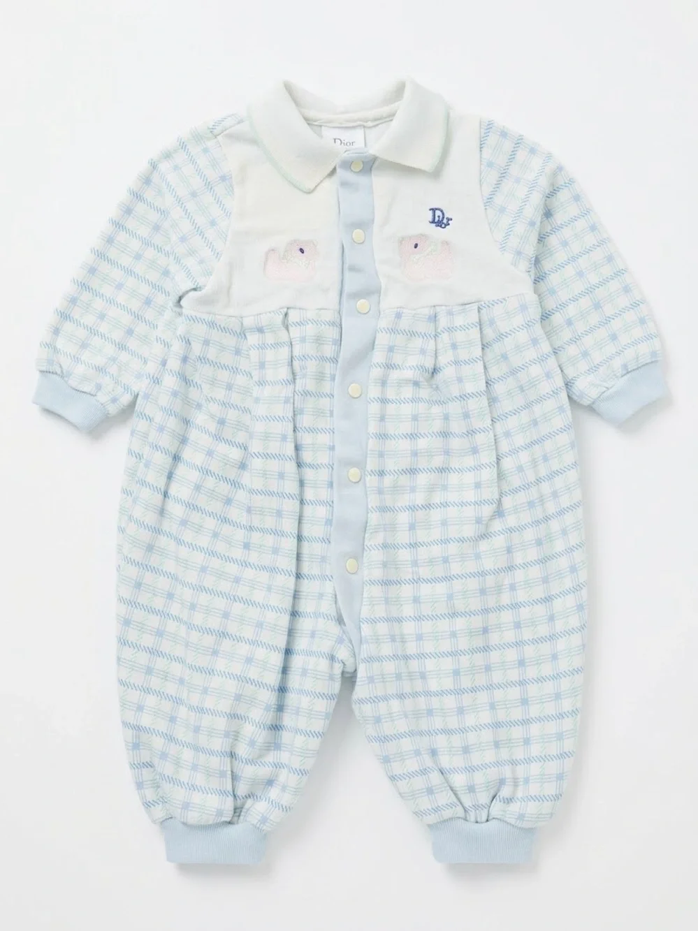Baby Dior Vintage Bunny Onesie Size 3-6 Months 90s Blue Plaid Jumper One Piece